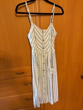 Sneak Peek White and Navy Striped Button-Front Midi Dress
